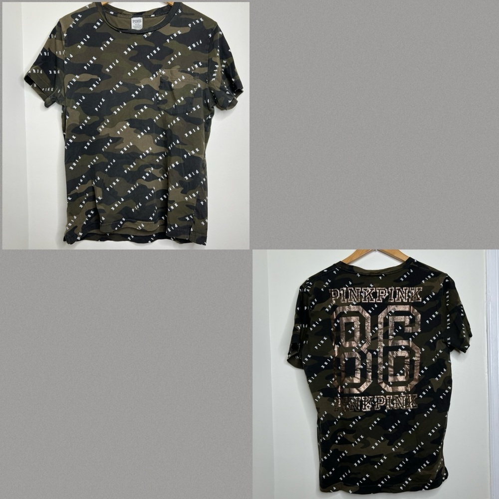 Victoria’s Secret PINK Camo Print All over logo T Shirt Size Medium Back Graphic